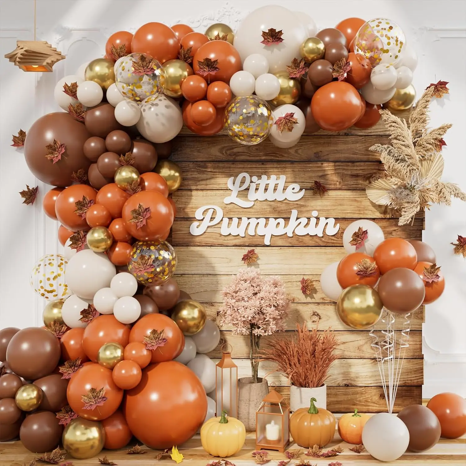 215pcs Fall Balloon Arch Kit with Burnt Orange Coffee Brown Sand White Balloons Maple Leaves for Fall Thanksgiving Autumn Harvest Birthday Party Decorations
