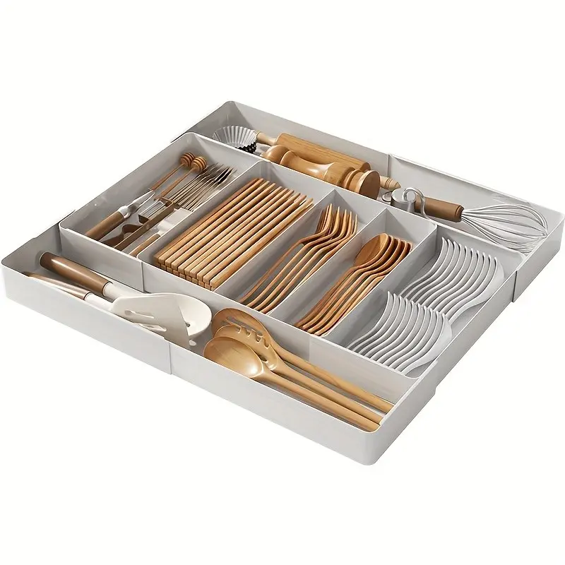 Adjustable Kitchen Utensil Tray with Expandable Drawer Organizer, Ideal for Forks, Spoons, Knives, And Chopsticks. Features Multiple Compartments, Made of Durable Plastic, Desk & Drawer Organizer for Home Storage