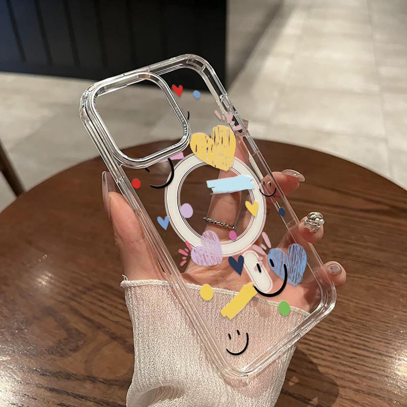 Fashionable Anime Pattern Phone Case with Heart joyful Design, Shockproof Magnetic Transparent Case, Magnetic Wireless Charging Compatible, for iPhone 11 12 13 14 15 16 17 Pro Max Air Plus Mini, Clear Back Cover, Halloween Christmas Valentine's Day
