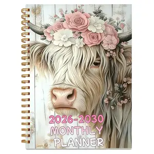 2026-2030 Monthly Planner/Calendar - January 2026 to December 2030, 5-Year Monthly Planner, White Floral Highland Cow Theme Cover Design Notebook, Yearly Calendar Planning, Monthly Tabs, 60-Month Calendar, 5.5 x 8.3 inches, Thick Paper, Elastic Cover, Dur