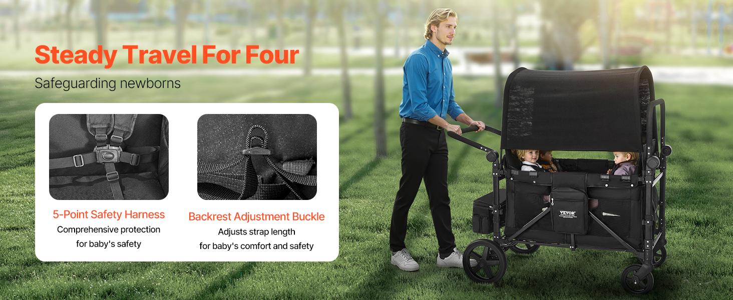 VEVOR  Wagon Stroller for 4 Kids, Push Pull Quad Collapsible Stroller with Adjustable Handle, 5-Point Safety Harness & Removable Canopy, 4-Seater Stroller Wagon for Camping, Black (330LBS Loading)