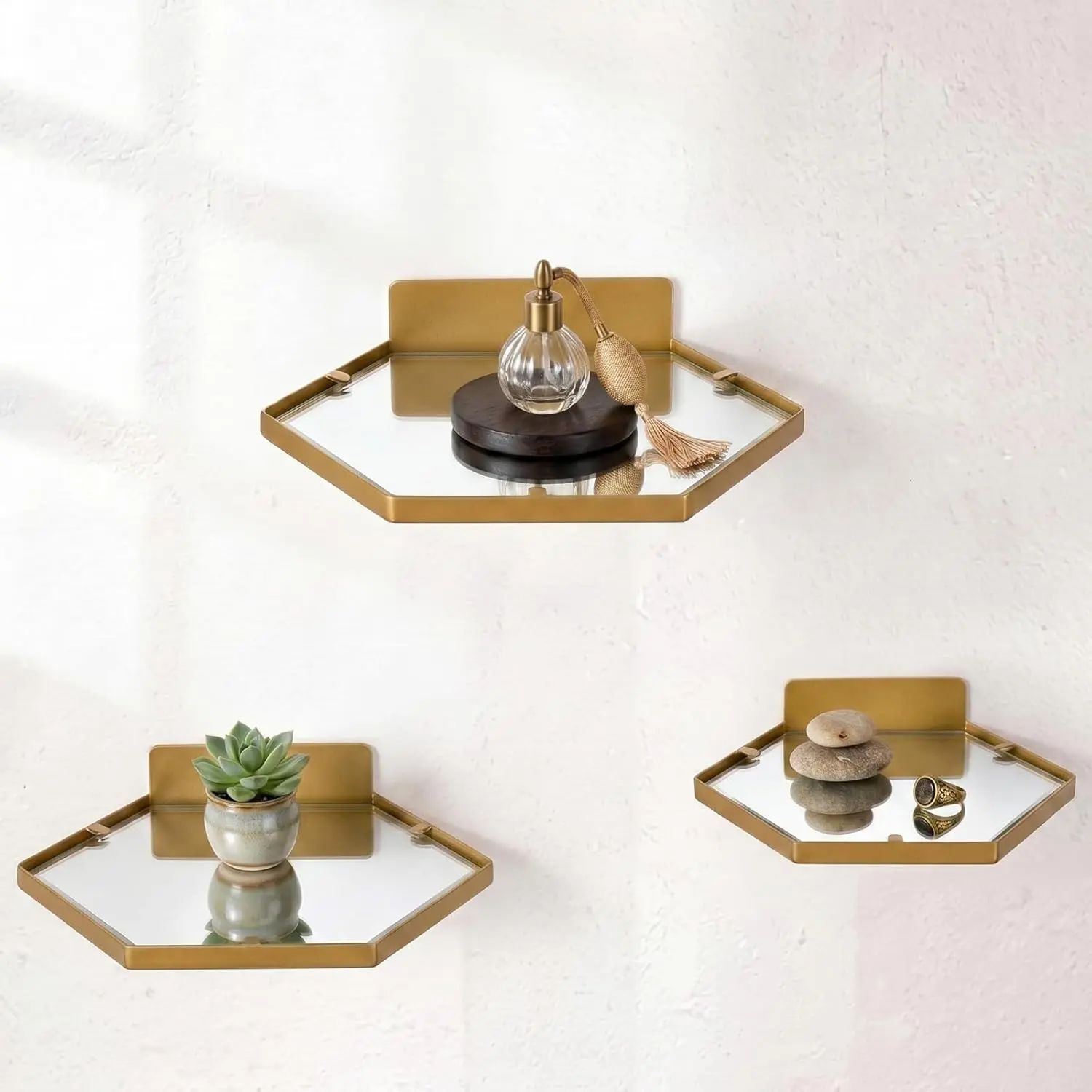 3 Pcs Gold Floating Wall Shelves Metal Hexagon Shelving Geometric Wall Mounted Design for Living Room, Bedroom, Kitchen & Office Decor, Easy Install Modern Display Shelves