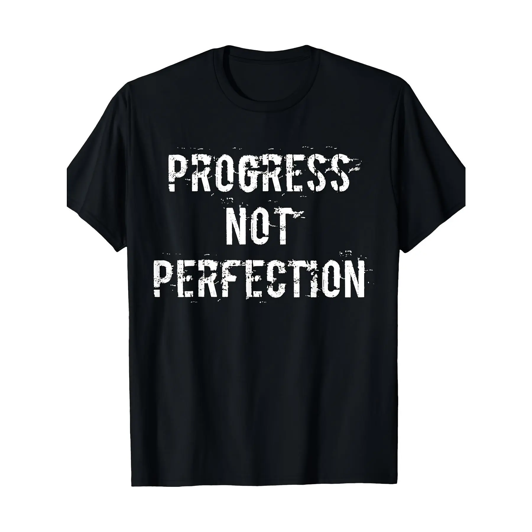 T-Shirt for Addiction Recovery Featuring The Slogan 'Progress Not Perfection', Black with White Lettering, Ideal for 12-Step Meetings, Casual Round Neck Short Sleeve Design, Perfect for Sober Living And Everyday Use