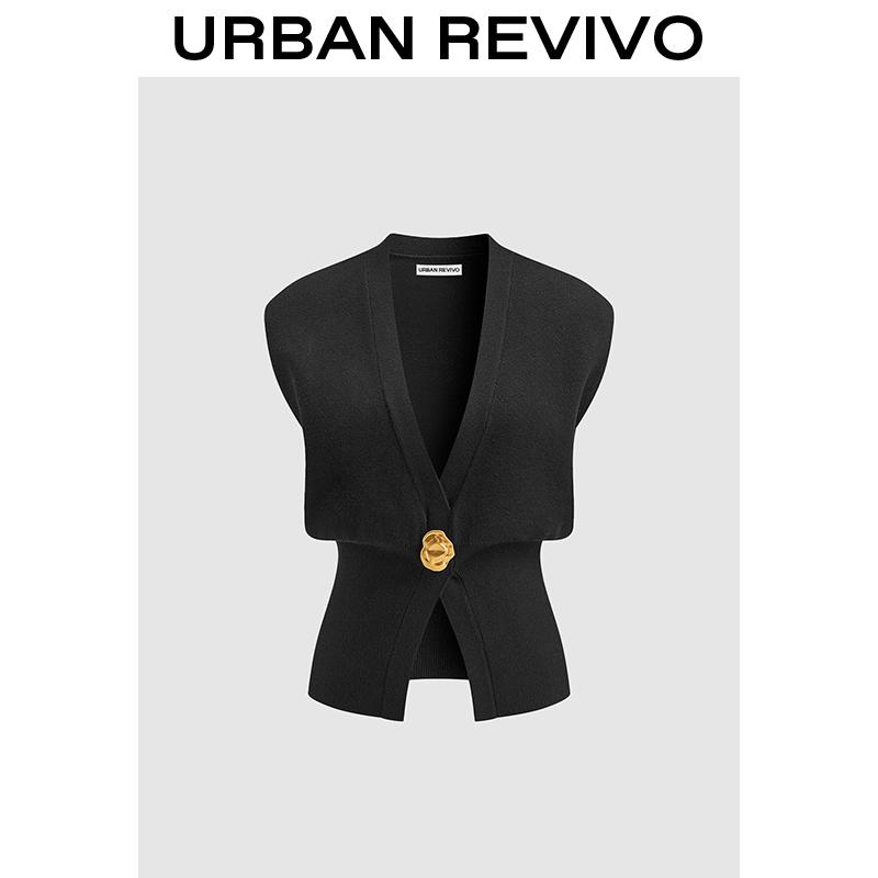 URBAN REVIVO Women Edgy Sleeveless Blazer Top - Deep V Statement Buckle for Fashion-Forward Outfit Clothing Girl Elegant Casual Comfy Vests Womenswear SpringStatements