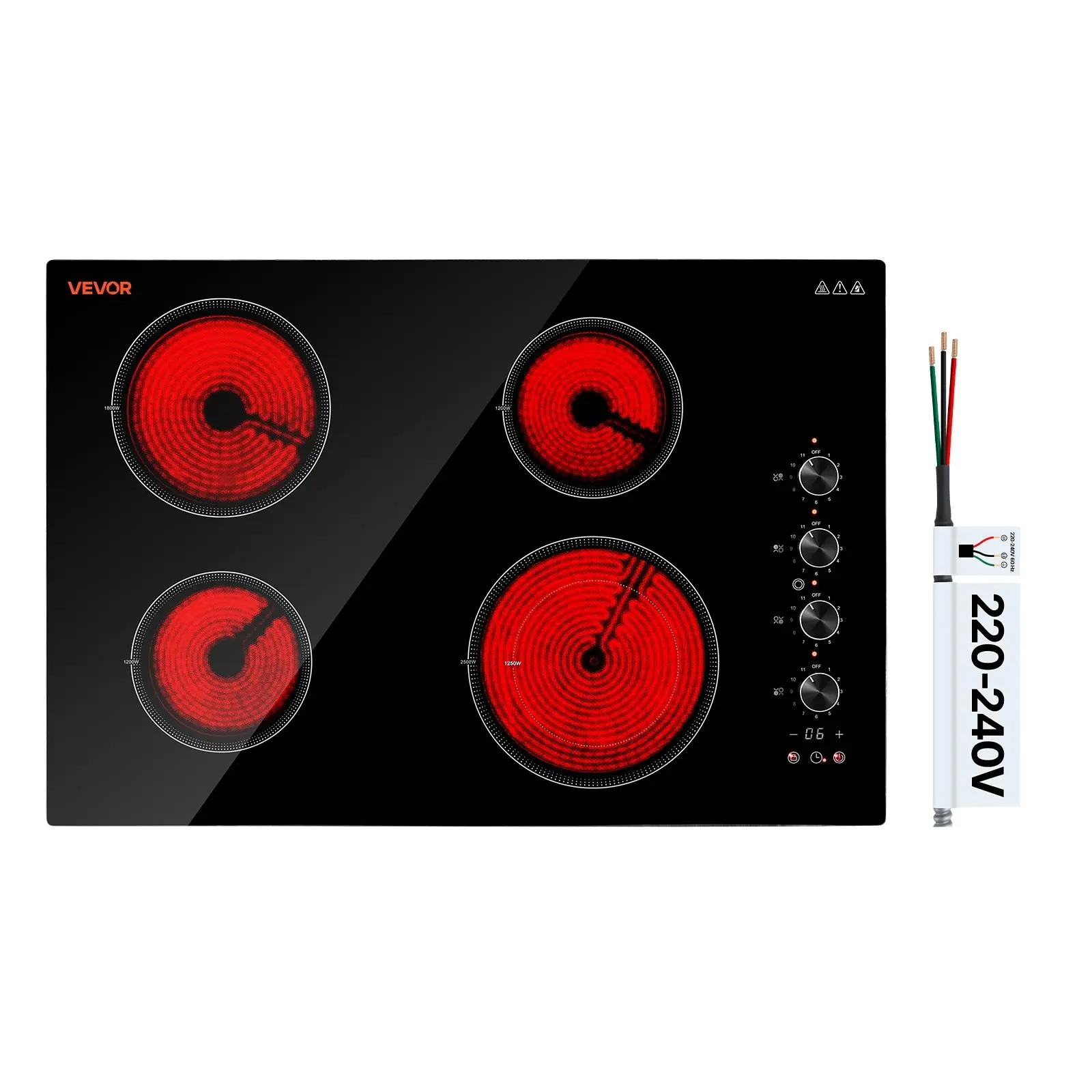 VEVOR Electric Cooktop 30inch 4 Burners Stove Top 6700W 220V No Plug, Ceramic Built-in Radiant Electric Stove, with 11 Power Levels, Timer, Child Lock, Over-Heat Guard, Knob/Touch Control