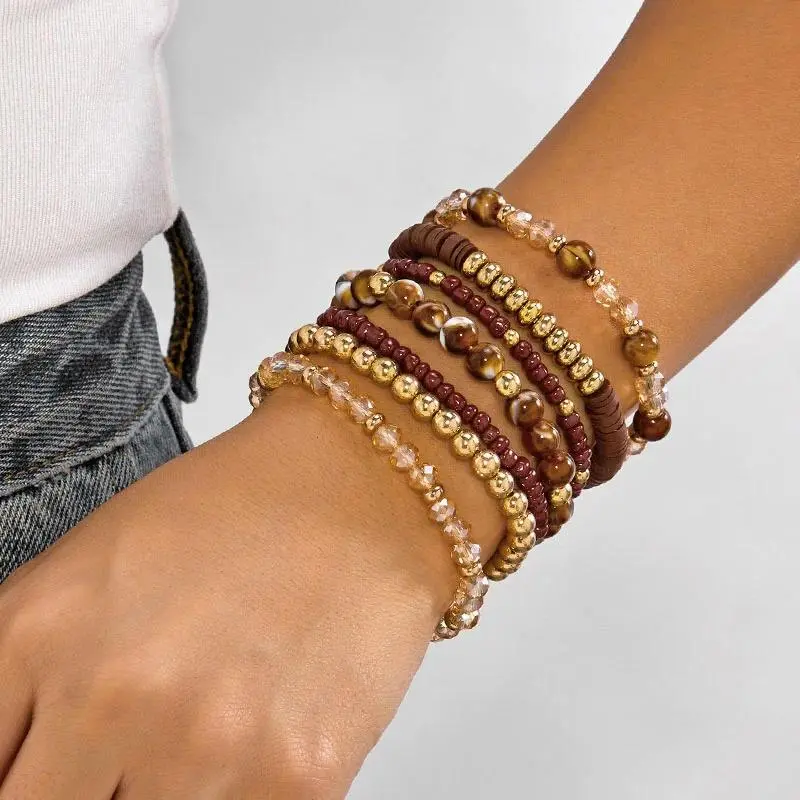 7Pcs Brown Gold Beaded Bracelets Set with Tiger Eye Stone & Crystal Charms Bohemia Hand Jewelry Summer Beach Wristband Women