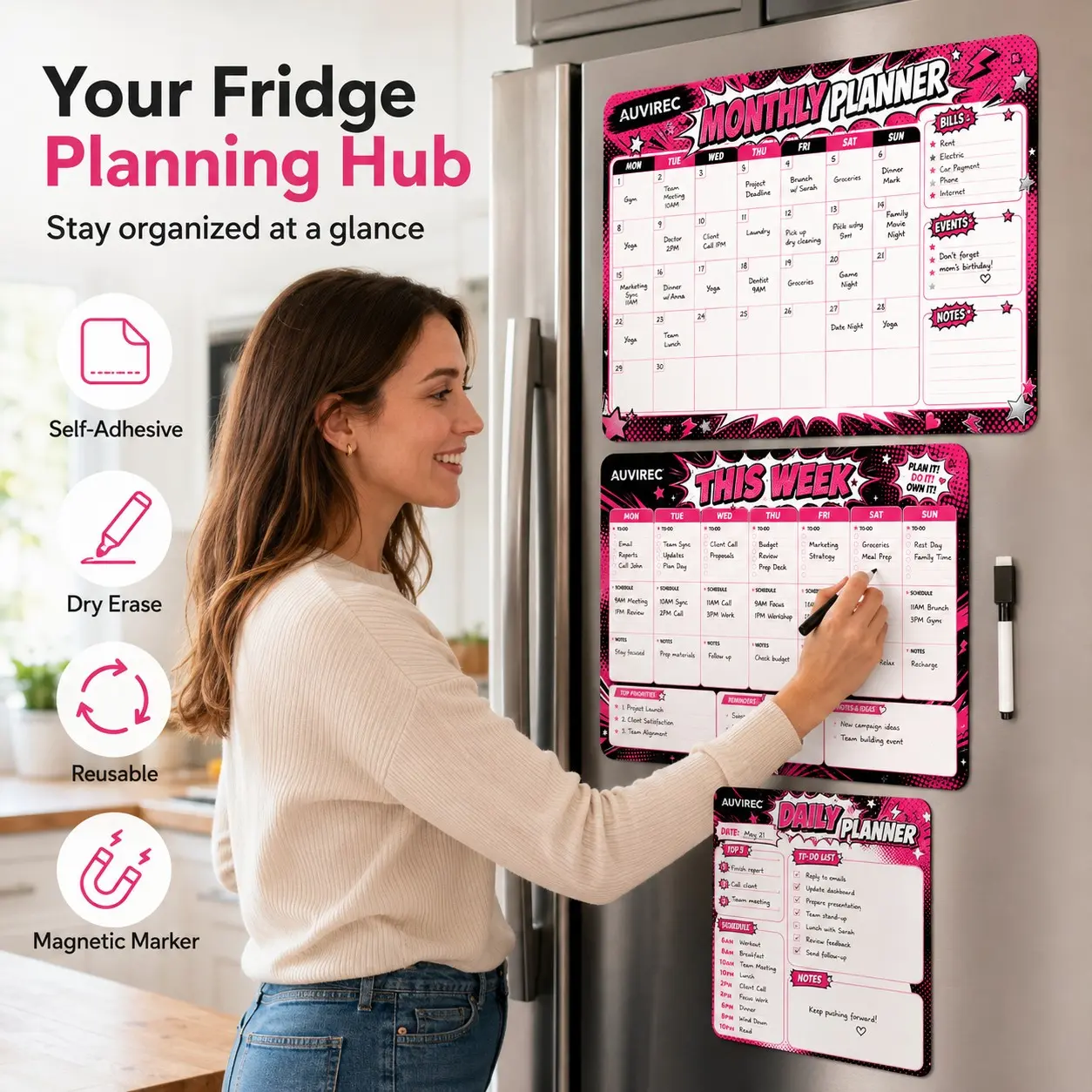Auvirec 3-Piece Set Reusable Dry-Erase Calendar Planner, Self-Adhesive Pet Schedule Board, Includes Erasable Marker, Home Office Use