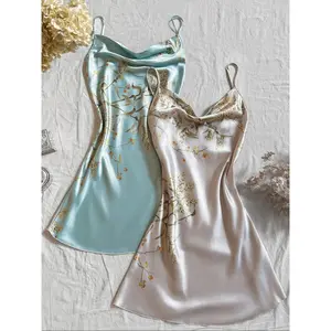 Women's Floral Print Silky Satin Cami Nightdress, Fitted Draped Spaghetti Strap Sleeveless Nightgown, Soft Comfy Aesthetic Sleepwear Loungewear Set for Women