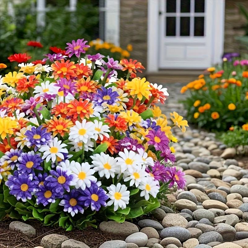 5 bouquets of outdoor artificial flowers, plastic daisies, UV-resistant artificial flower beds, suitable for homes, hotels, offices, weddings, party gardens, porches, cottage decorations, window frames, and cemetery arrangements.