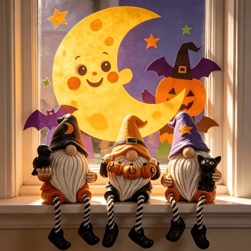Halloween Gnome Decorations Set of 3, Hand Painted Resin Gnome Figurines with Crow Pumpkin Black Cat Design, Cute Fall Tabletop Decor for Home Mantel Shelf Porch Party Decorations