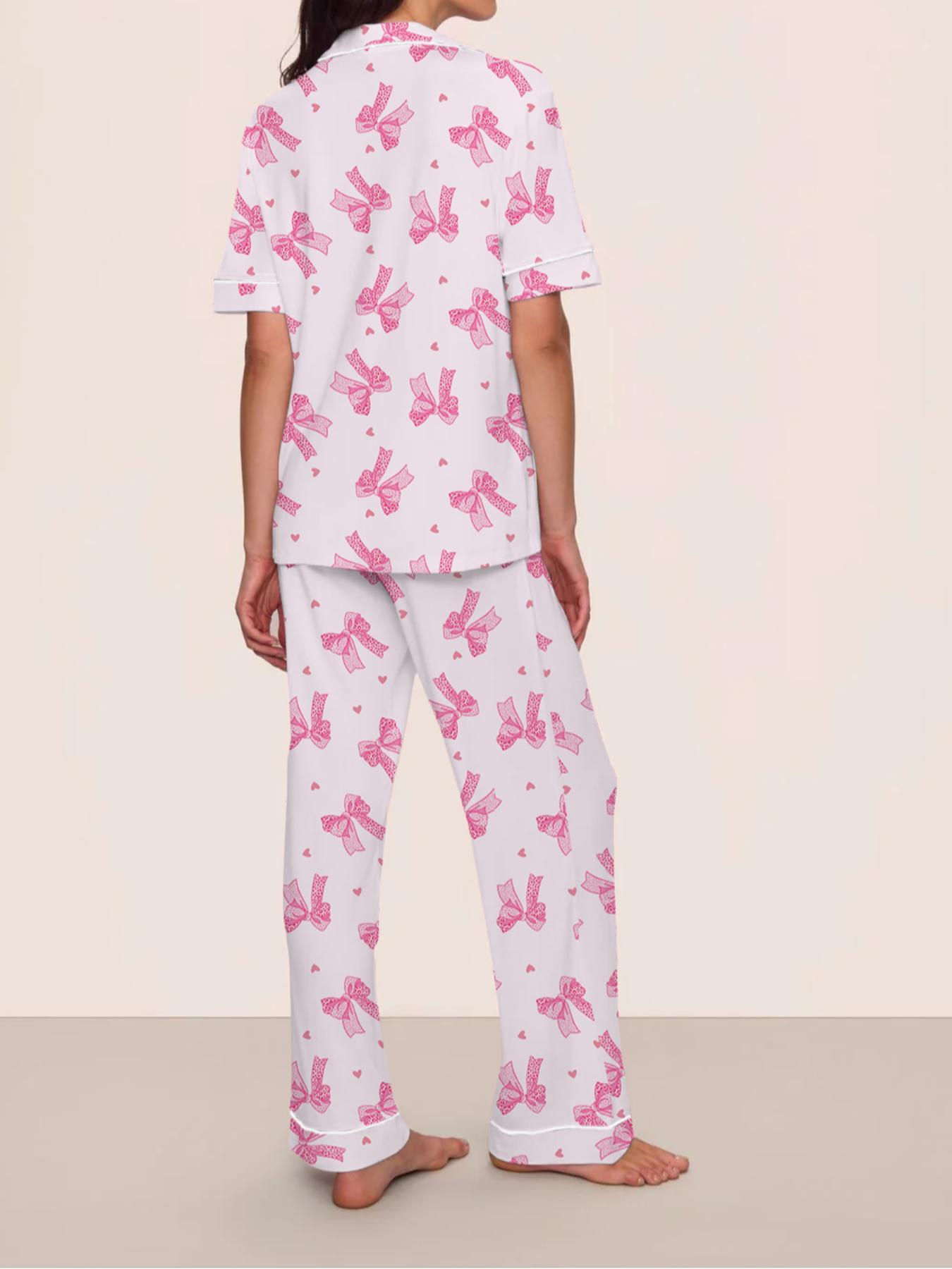 Women's Leopard Print Fitted Pajama Set with Bow Tie, Short Sleeve Shirt and Long Pants for All Seasons, Comfortable Casual Sleepwear
