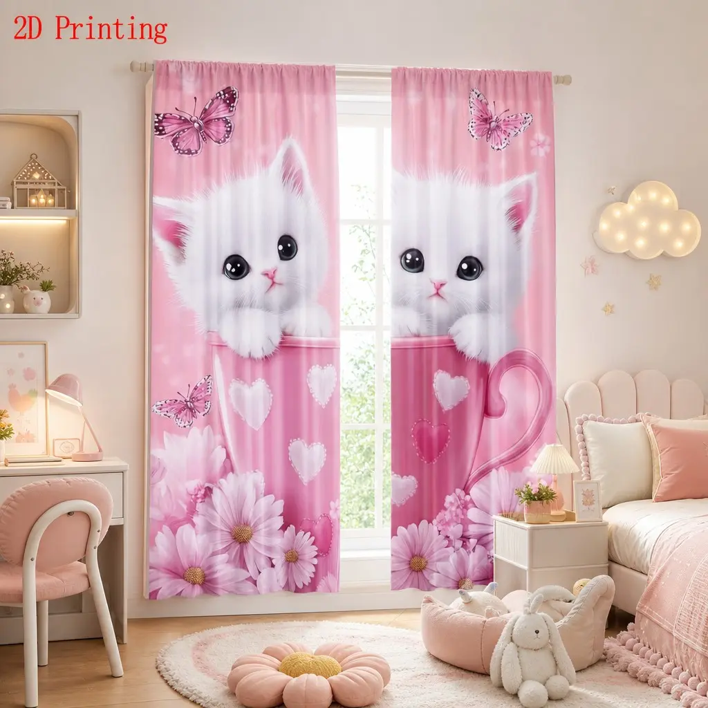 2-piece set of 2D printed pink cute cat butterfly flower curtains, semi transparent polyester material party home decoration window curtains, Curtain for windows, suitable for bedrooms, living rooms, dining rooms, Home Decorative Curtain