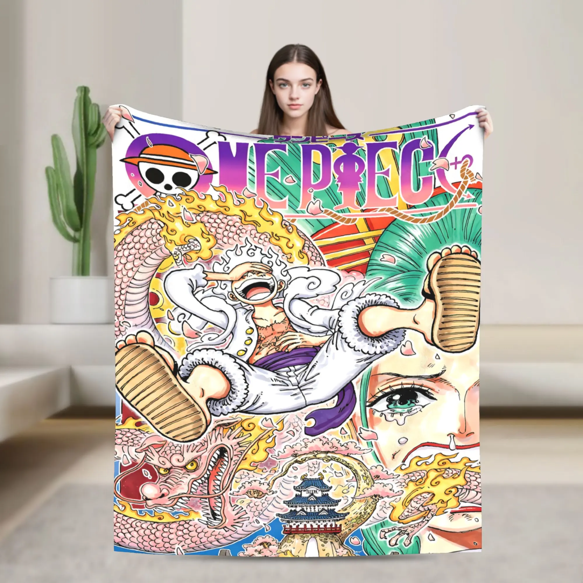 One Piece Gear 5 Luffy Wano Country Throw Blanket, Soft Cozy Flannel Warm Blanket, Trendy Anime Home Decoration, Birthday & Holiday Gift for Men & Women