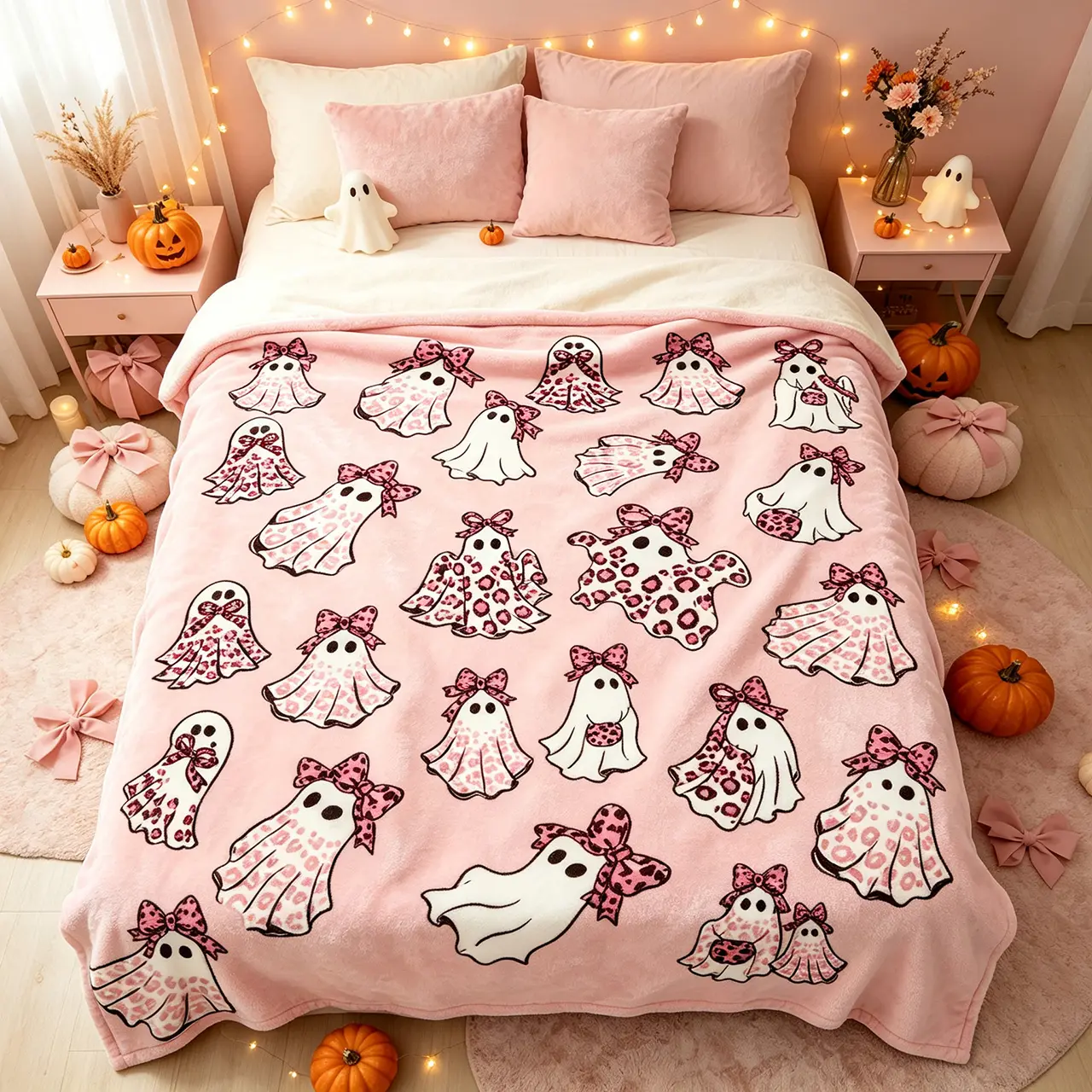 Halloween Cheetah Ghost Flannel Blankets Throw Blankets Pink Or Brown Leopard Print Bedding Bed Accessories Wrinkle Resistant Cozy Spooky Western Boho For Adult Baby Home Decor Halloween Season Birthday Gift