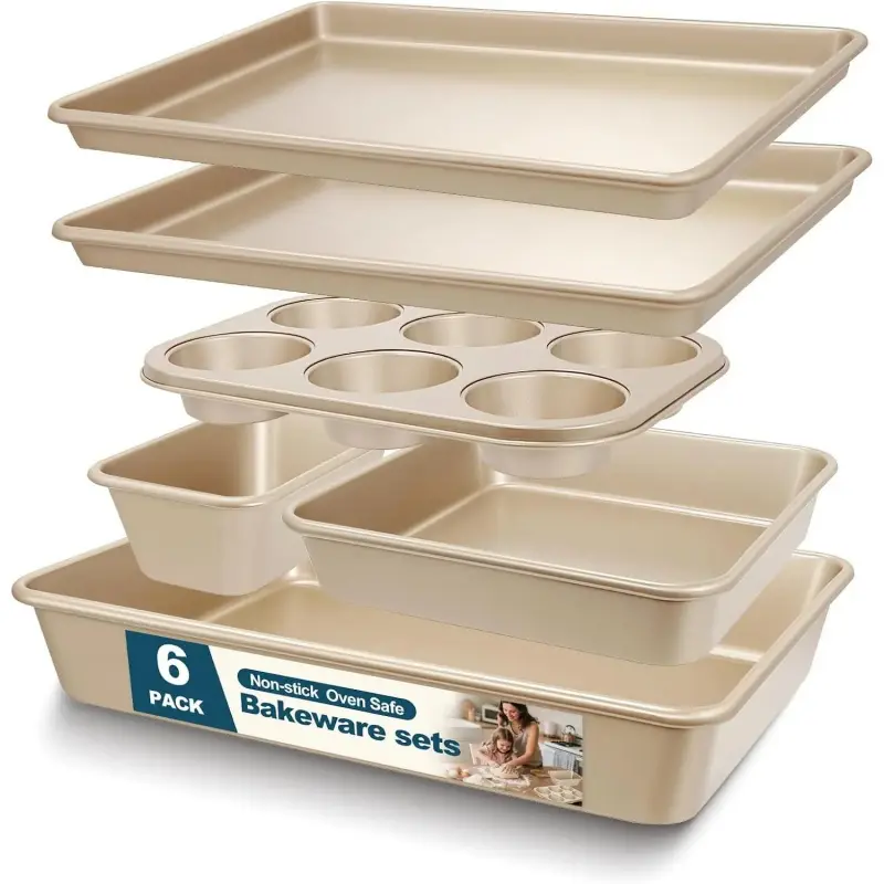 Non-Stick Stackable Baking Pan Set, Baking Pan for Cooking, 6-Piece Baking Pan Set Includes Cookie Pan, Deep Baking Pan, Square Baking Pan, Rectangular Baking Pan, Muffin Pan, Carbon Steel Material-L
