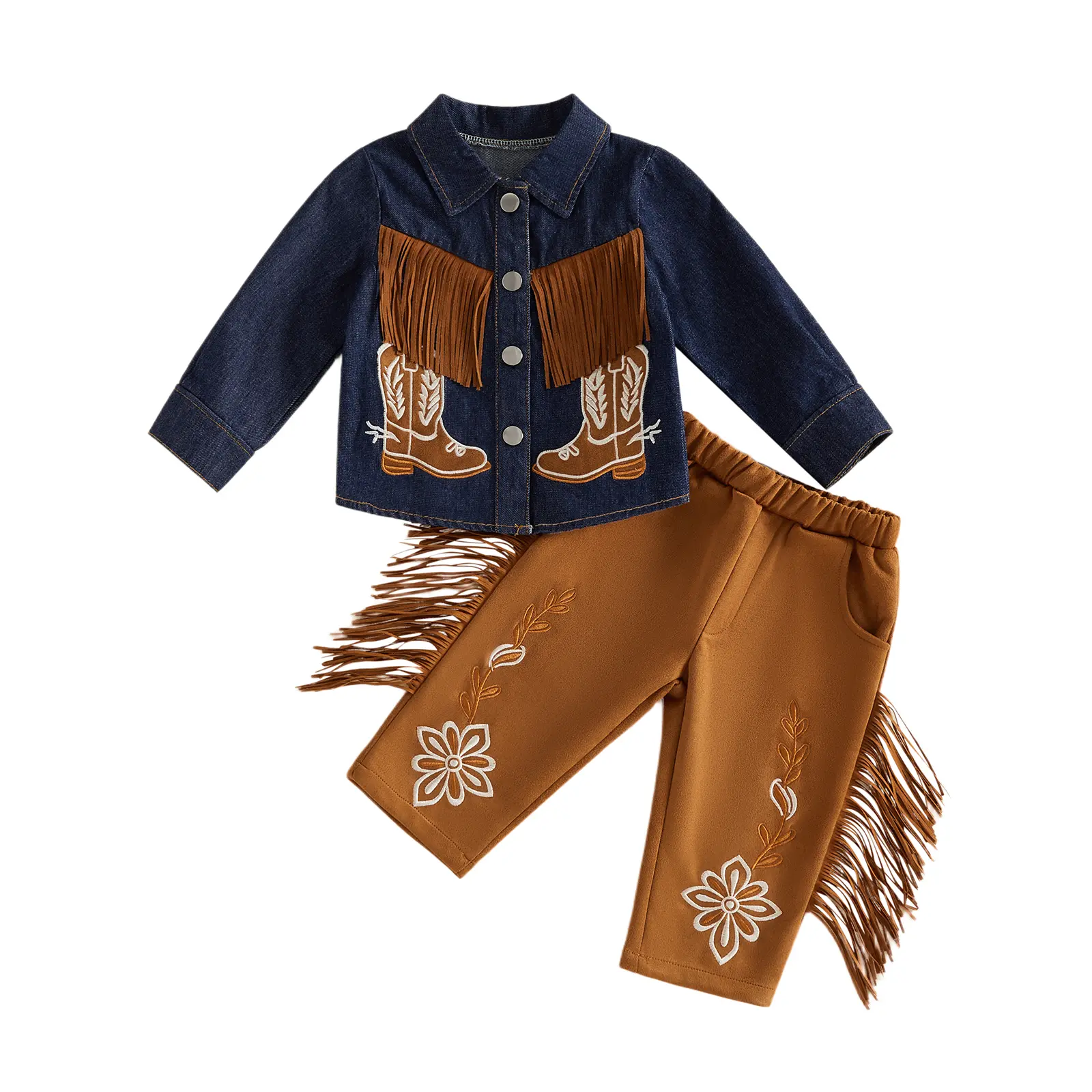 Toddler Baby Little Boy Western Outfits Tassel Denim Long Sleeve Jacket Embroidery Pants Set Fall Winter 1-5 Years