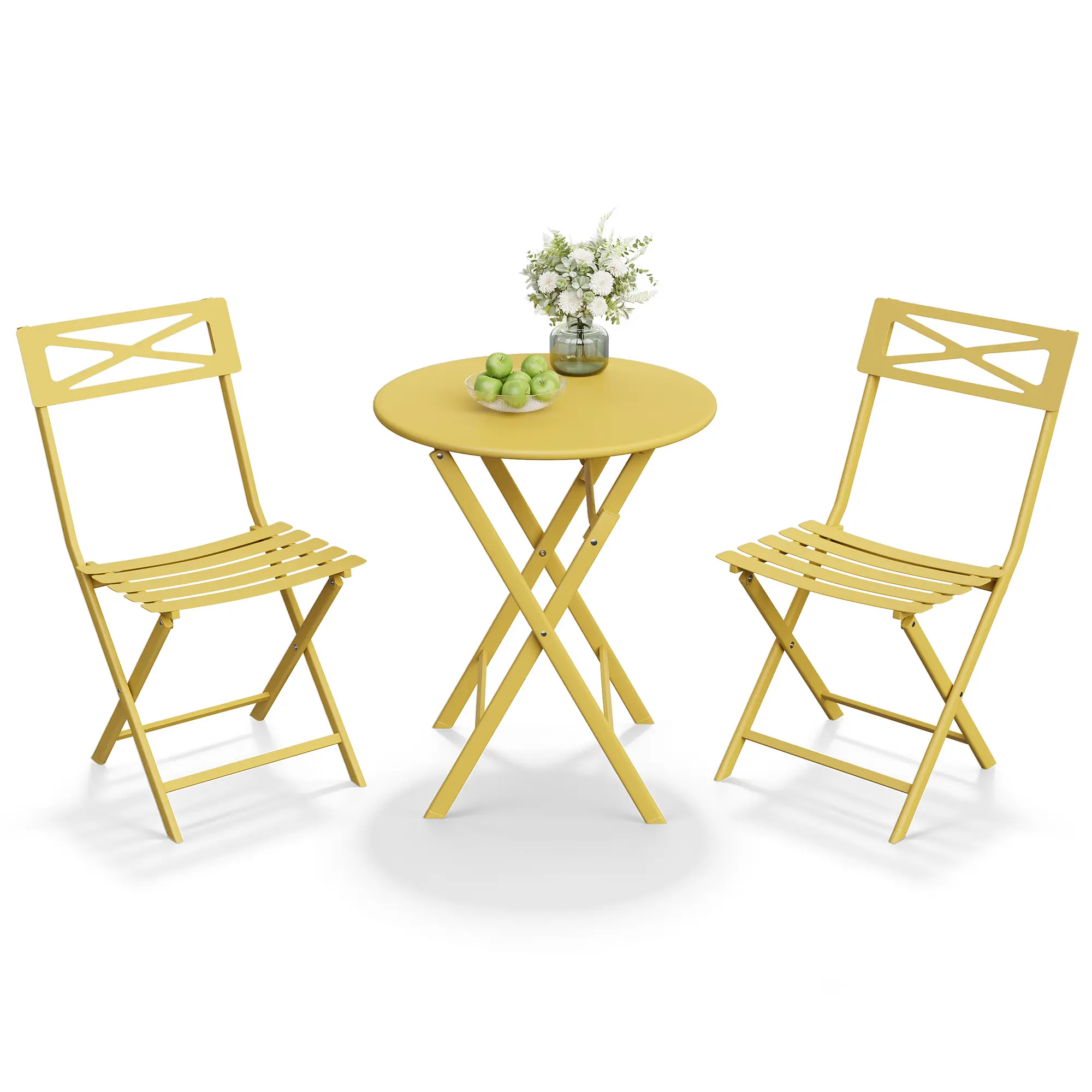 3-Piece Folding Bistro Set for Patio/Indoor - Steel Table & 2 Chairs, Weather-Resistant, Space-Saving Collapsible Furniture for Balcony, Garden, Deck, Poolside - Yellow/Black/Red