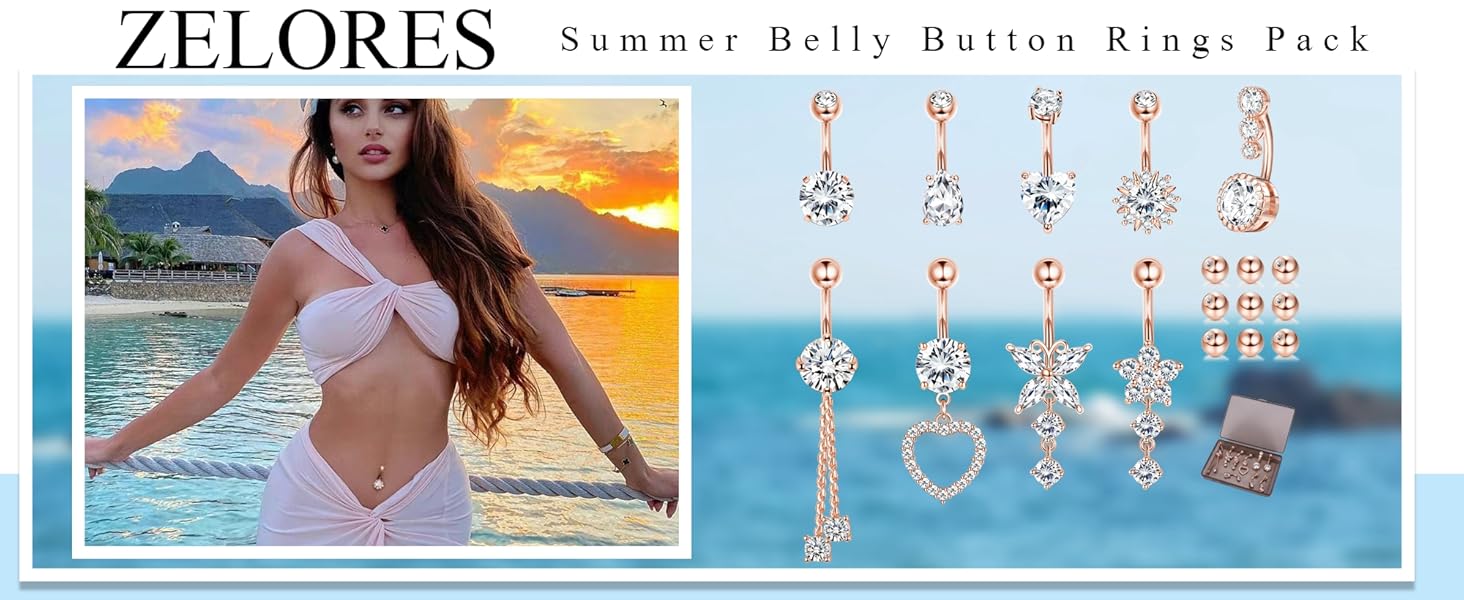 ZELORES 9PCS Surgical Stainless Steel Hypoallergenic Belly Button Rings with Extra Replacement Balls, Trendy Dangle Belly Button Piercing Jewelry for Women, 14G - Silver/Gold/Rose Gold