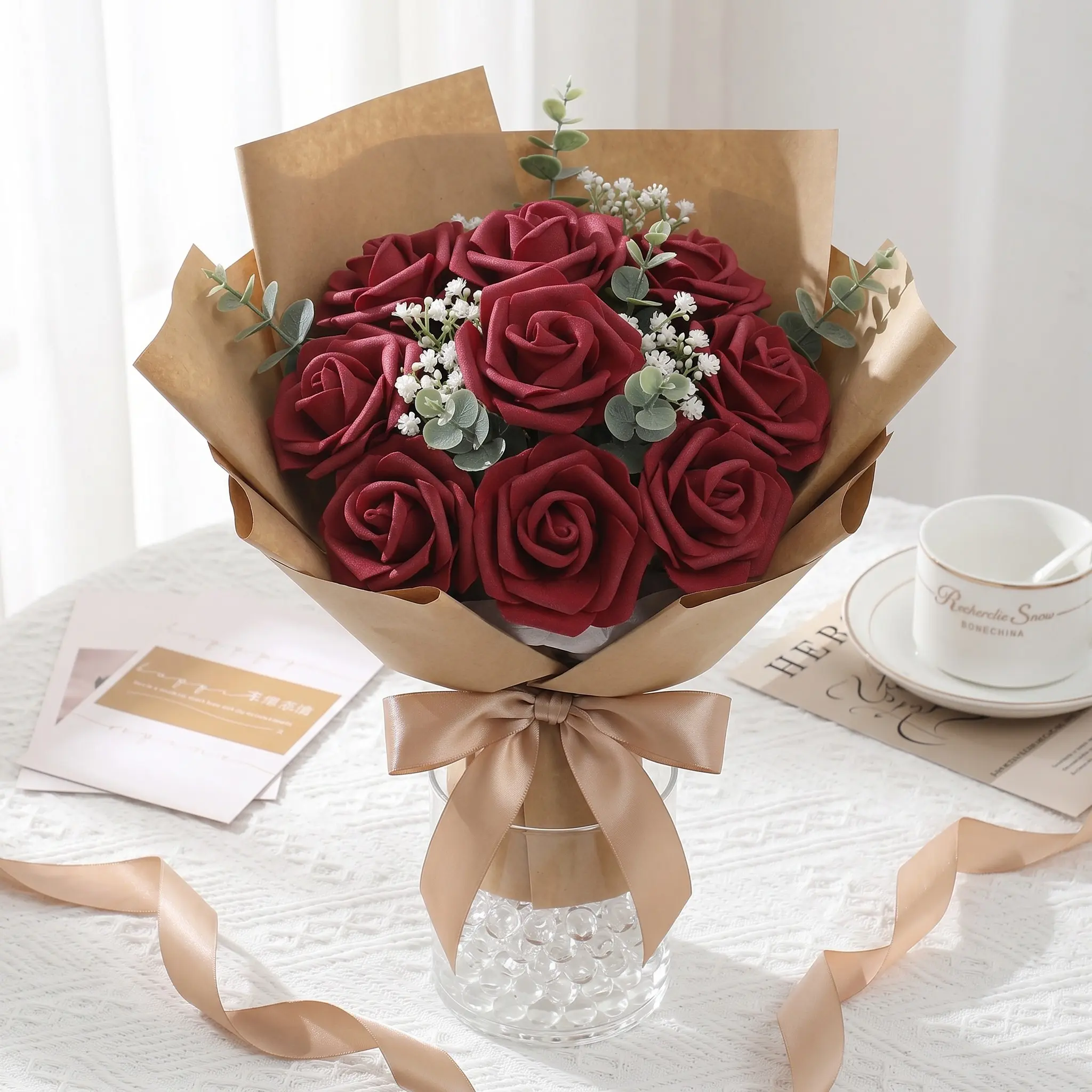 40pcs Wine Rose Bouquet Set, Pe Material Elegant Artificial Roses, Wedding DIY Floral Arrangements, Holiday Decorations