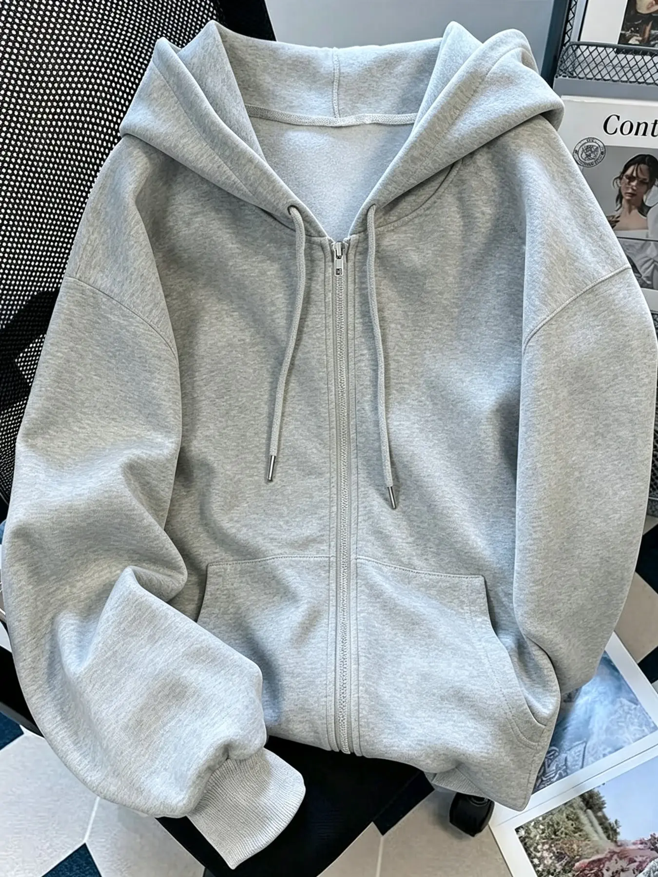 Women's Fall Winter Zip-Up Cardigan Hoodie, Long Sleeve Loose-Fit Sweatshirt, Plain Pattern, Casual School Return Clothing, Teacher