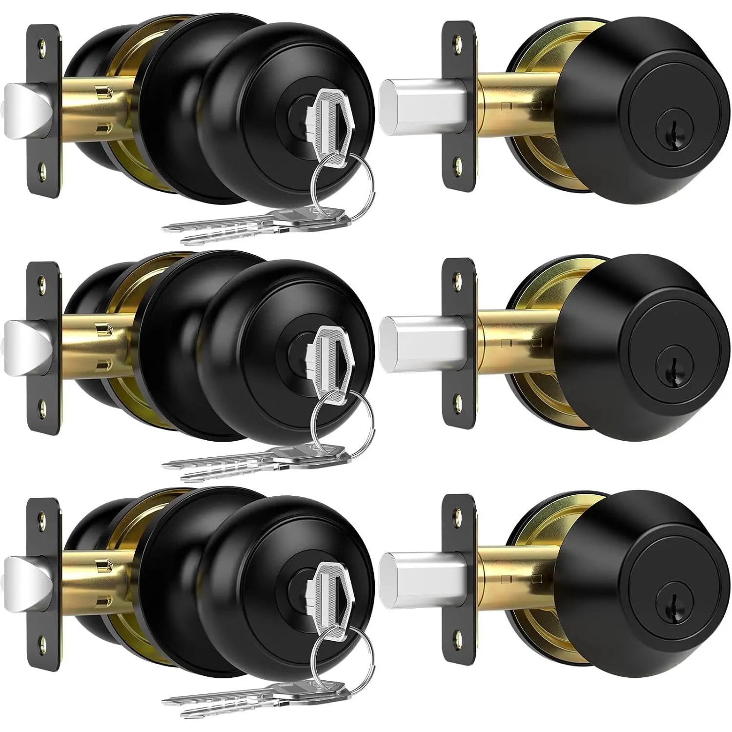 3 Pack Exterior Door Lock Set, Keyed Alike Entry Door Knob and Single Cylinder Deadbolt Lock Combo Set, Matte Black Door Knobs with Lock and , Locksets for Front,Entrance,,Garage Door