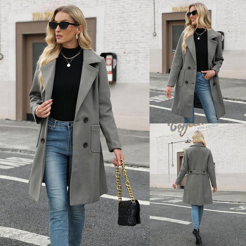 Molitree Women's Winter Wool Blend Camel Mid-Long Coat Notch Double-Breasted Lapel Jacket Outwear Womenswear Tops Minimalist Collared Casual Button