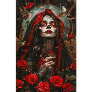 5D Diamond Painting Kit with Tools No Frame Sugar Skull Design Red Roses Hummingbirds DIY Craft for Home Wall Decor Living Room Bedroom Art Gift
