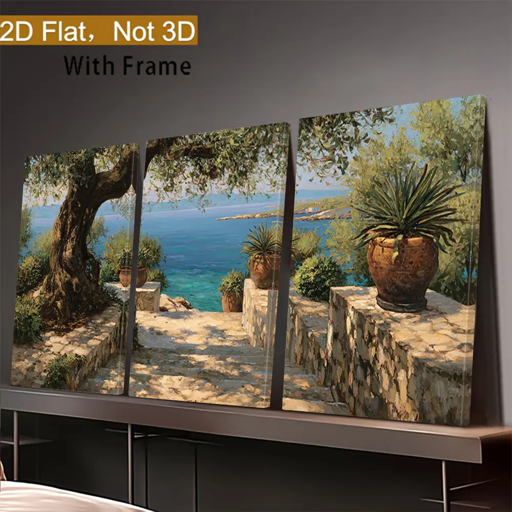 3-Piece Framed Mediterranean Art Prints Set - 2D Flat Seaside Scenery, Olive Tree Canvas Paintings, Stone Staircase Wall Decor, Modern  Home Accents, Ideal Holiday Gifts,,,,,,,,Letter