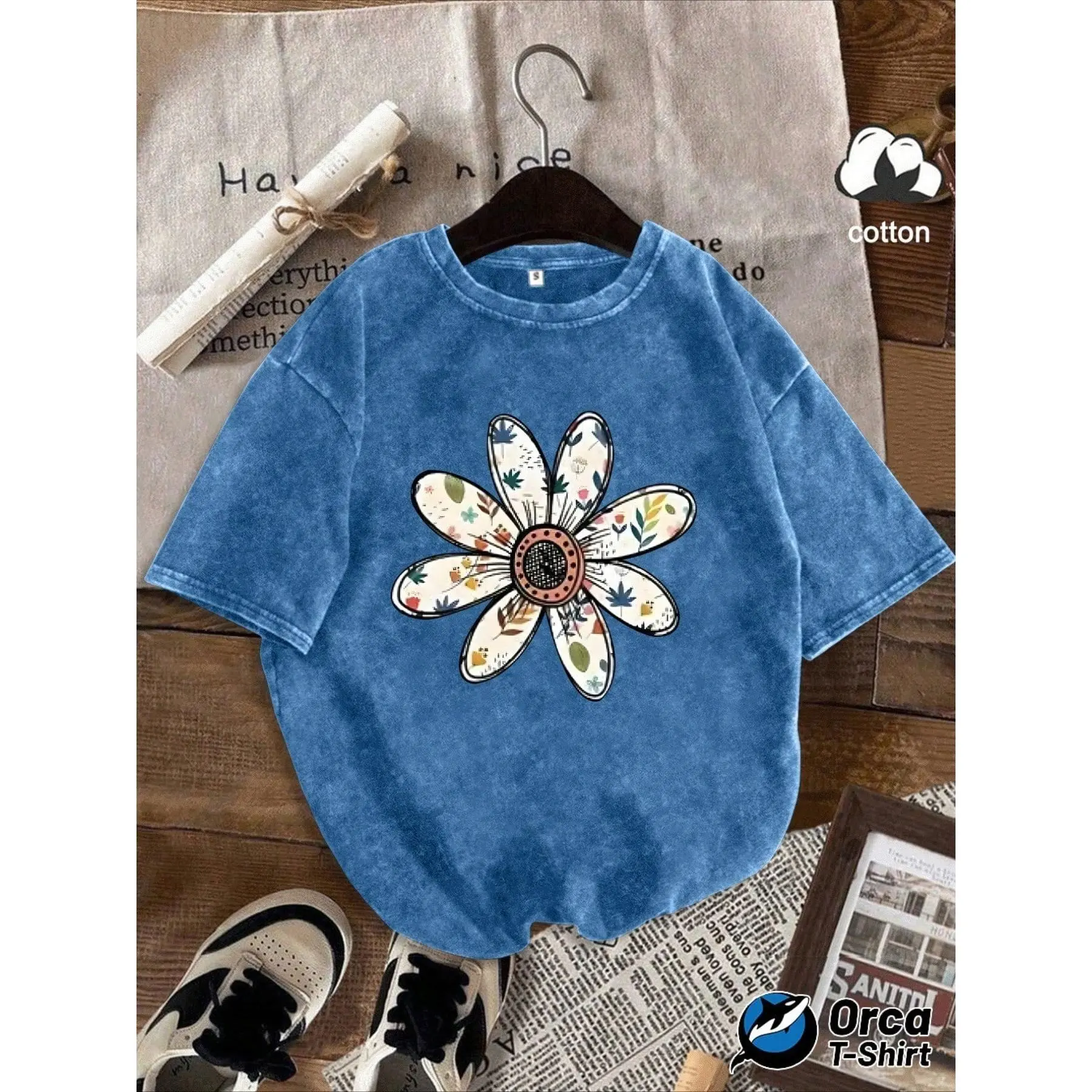 Women's Vintage Distressed Loose-Fit Casual Cotton Fabric Short-Sleeve Knit Top, Round Neck, Floral Pattern, 1-Piece, Tops, Shortsleeve