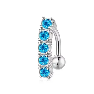 Blue CZ Belly Button Ring, 316L Surgical Steel 14G Navel Piercing Jewelry, Vertical Drop Body Jewelry for Women