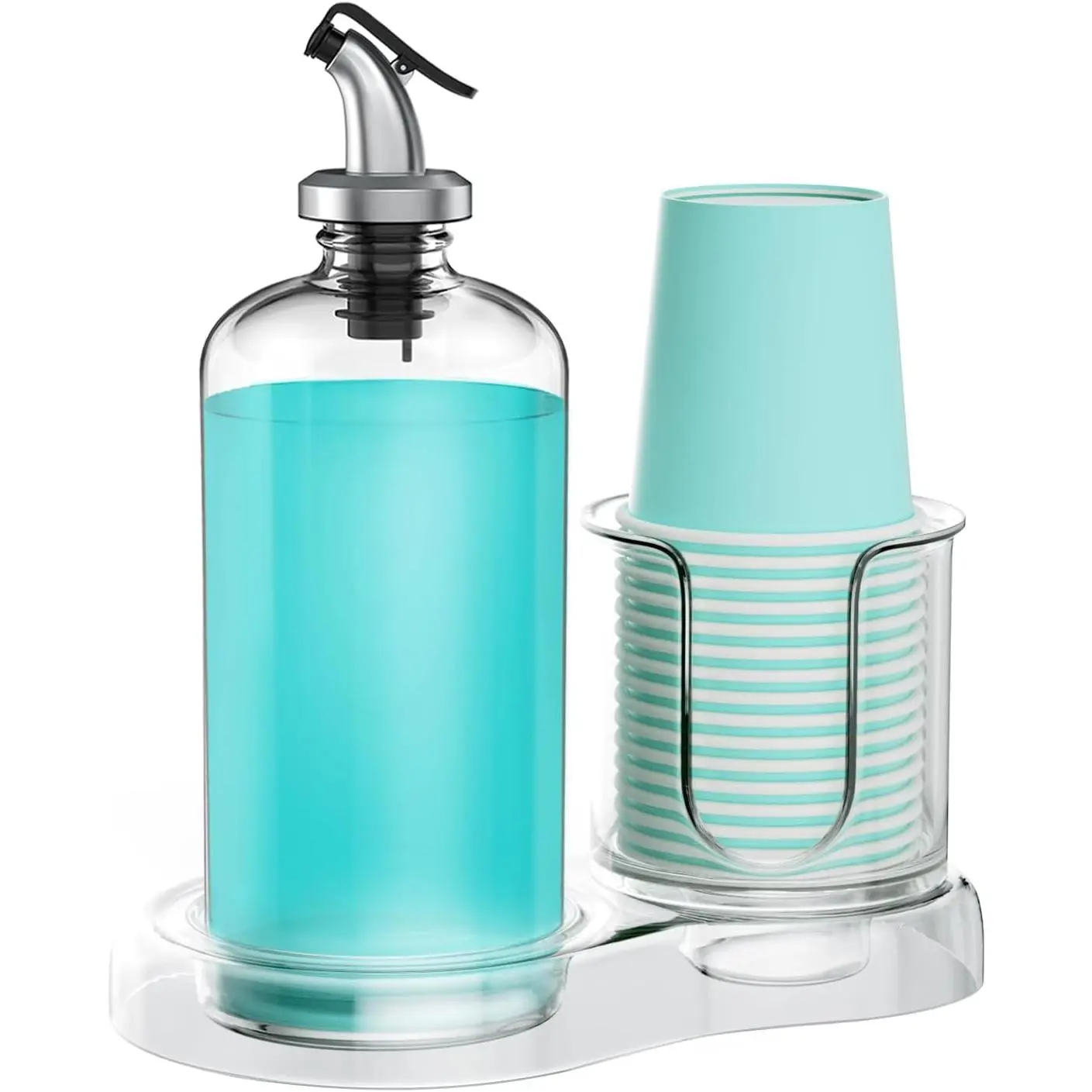 Mouthwash Dispenser for Bathroom with Cup Holder Detachable Glass Mouthwash Container 16 Oz,Refillable Mouth Washer Dispenser for Countertop