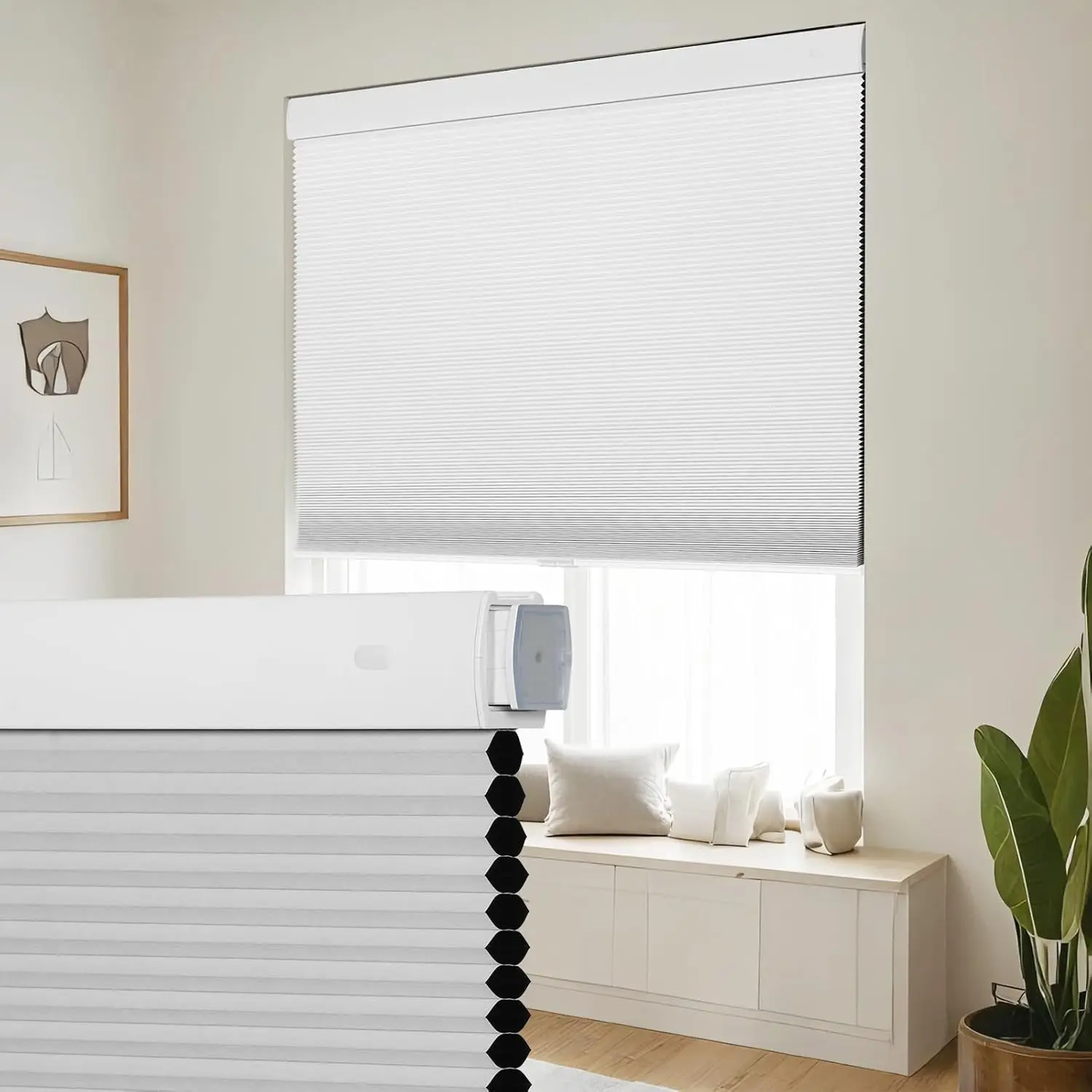 No Drill Cordless Blackout Cellular Shades, Thermal Insulated Noise Reduction Honeycomb Blinds for Indoor Window, Easy Install for Bedroom Living Room Office, White (20" W x 64" H)