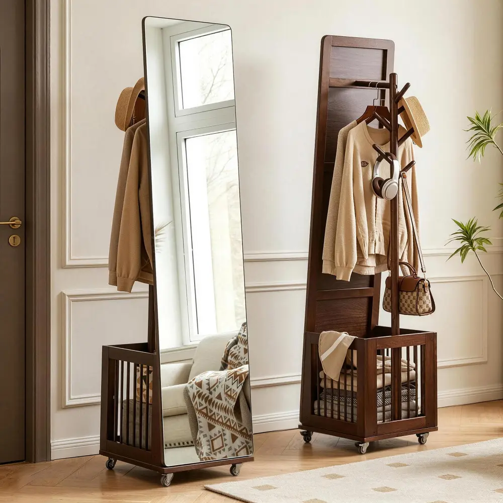 Littleox Solid Wood Rolling Coat Rack with Storage Basket, Freestanding Multi-Hook Garment Stand with Wheels, Mobile Wooden Clothes Organizer for Entryway Bedroom Hall Closet