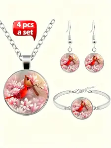 4 Pcs / Set DIY Jewelry, Cardinal Bird Pattern, Glass Zinc Alloy Necklace Earrings Bracelet, Perfect Gift for Women, Festive Occasions