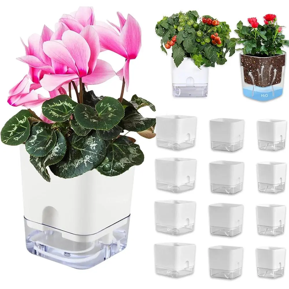 Clear Self Watering Planters, Wicking Flower Pots,Plastic African Violet Pots with Watering Bottle Modern Decorative Planter