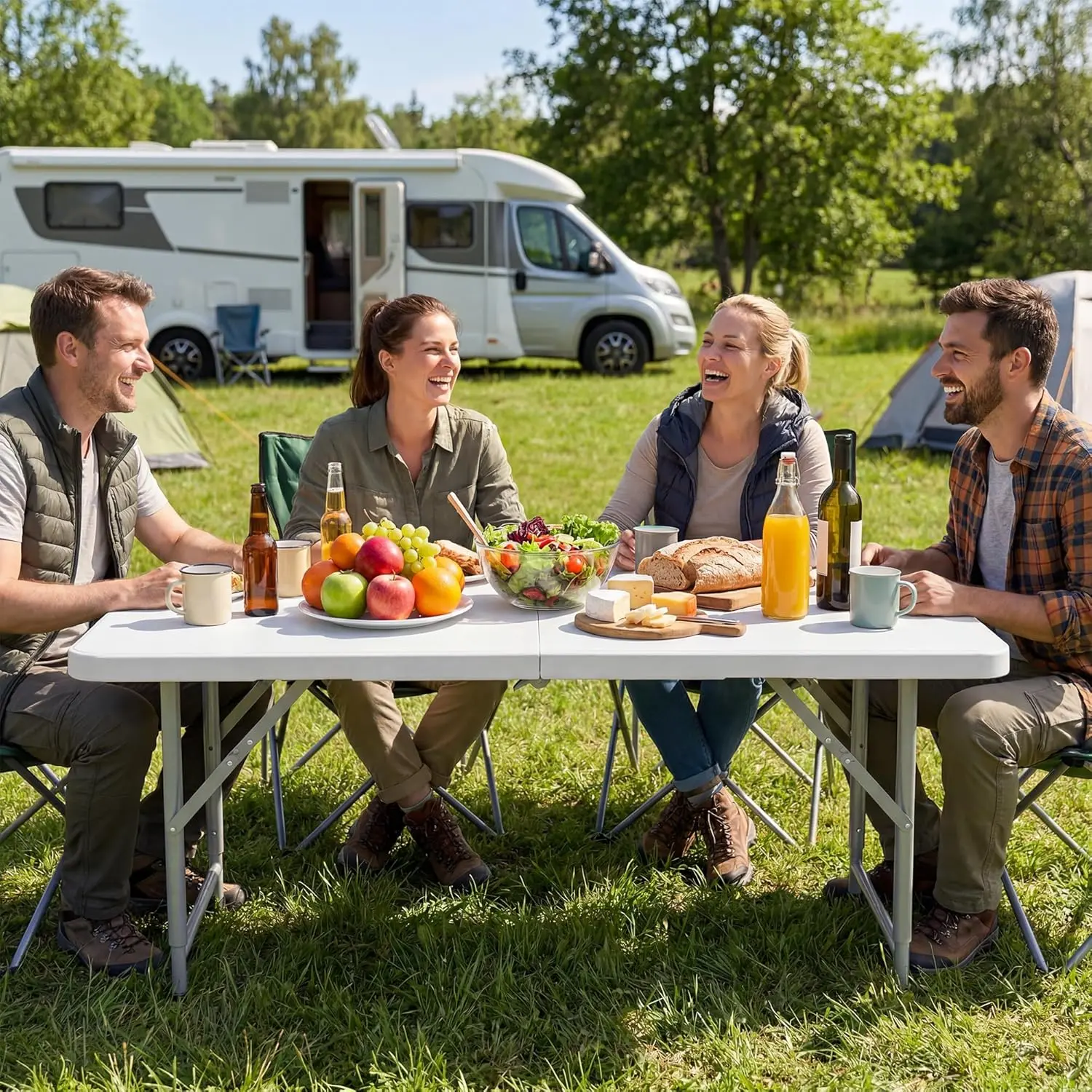 2 Pack 4FT Folding Table, HDPE Portable Table with 3 Adjustable Heights (19"/24"/29") & Carry Handle, Heavy-Duty Steel Frame Supports 400LBS, Indoor/Outdoor Use for Camping, Picnic & Party