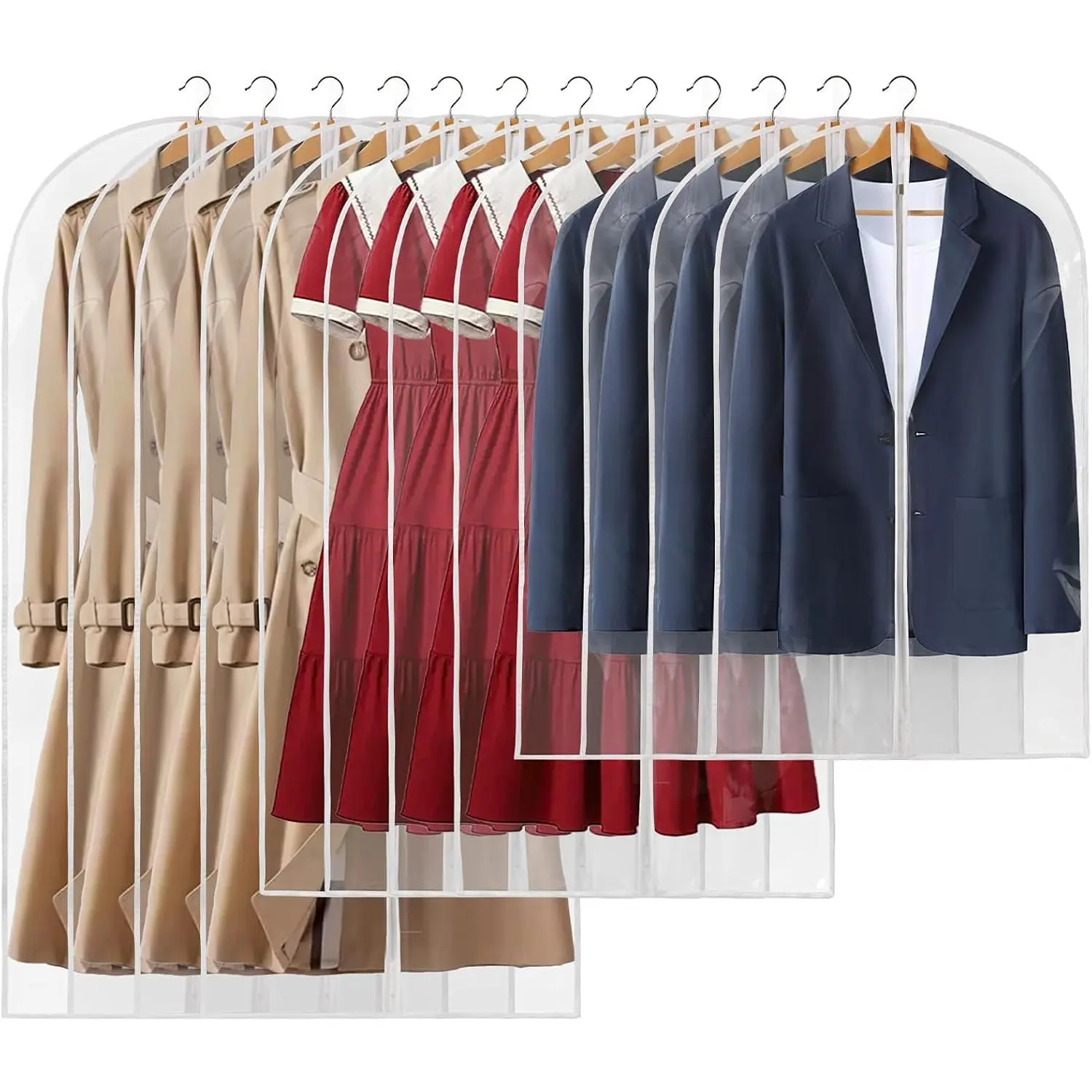 12 Packs All Clear Garment Bags for Hanging Clothes, Suit Bags for Closet Storage, Plastic Waterproof Suit Cover Bags with Zipper for Coats, Jackets, Dresses (24" x 40" & 48" & 55")