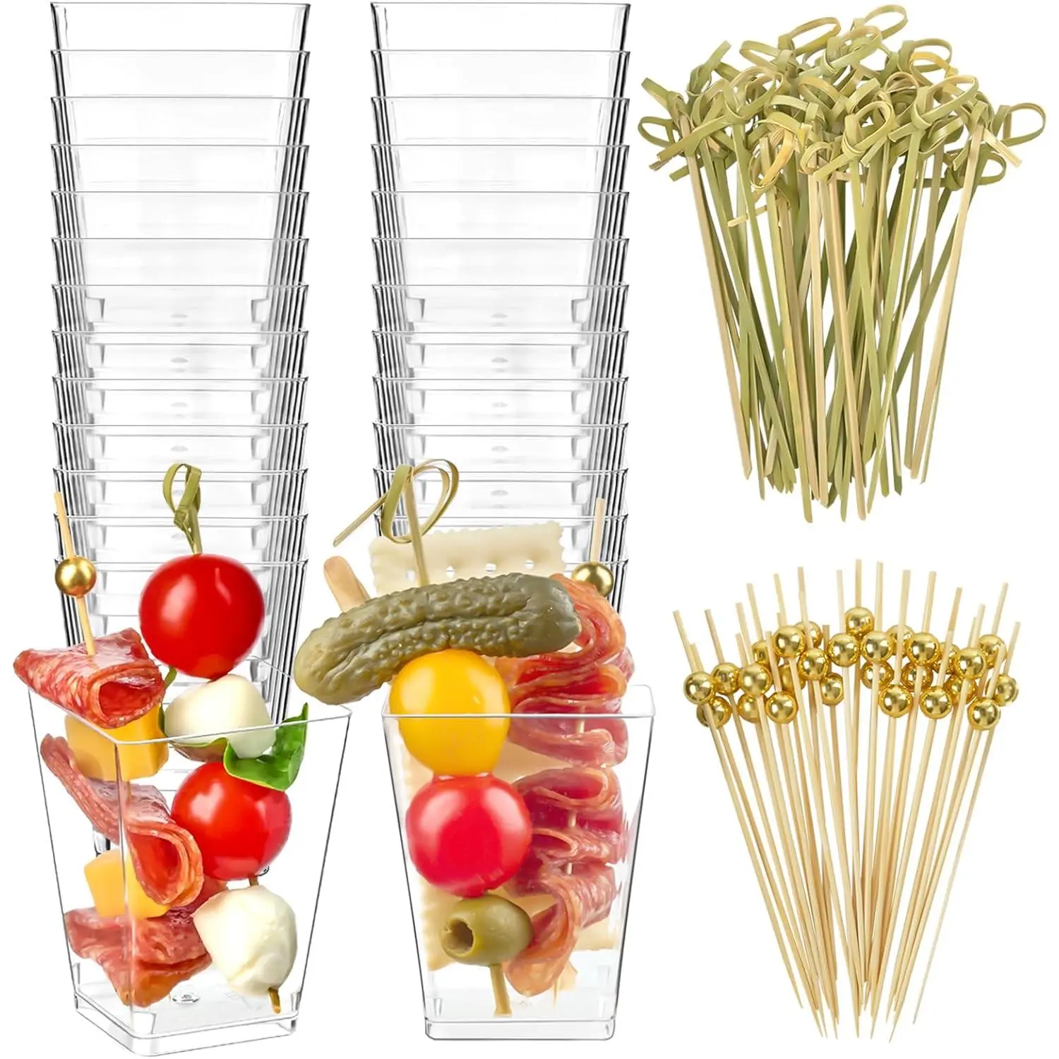50 Sets 5 oz Plastic Charcuterie Cups with 100 Sticks, Square Appetizer Cups with  Picks Mini Party Serving Cups for Fruit, Snack, Dessert