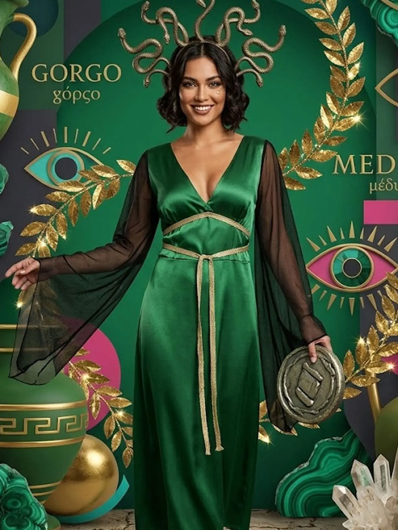 Gorgon Stage Performance Costume for Women with Realistic Snake Crown and Flowing Gown for Carnival Halloween Fantasy Dresses
