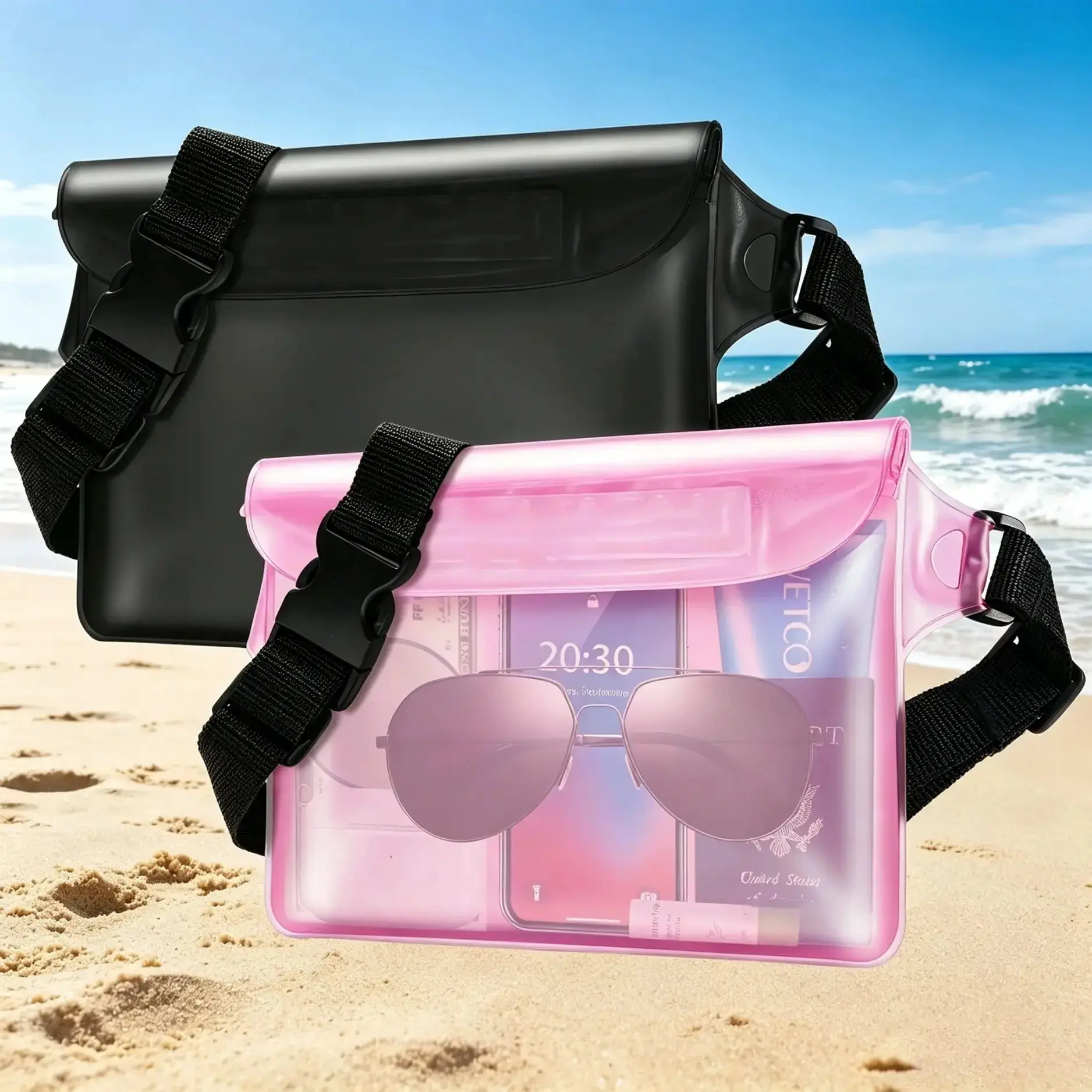 2 Pack Waterproof Fanny Pack, IP68 Floating Dry Bag Waist Pack with Transparent Touch Screen Phone Pouch, Adjustable Lightweight Waterproof Belt Bag for Swimming, Beach, Boating, Kayaking & Outdoor Adventures, Adjustable Waistband Bag, Bum Bag, Transparen