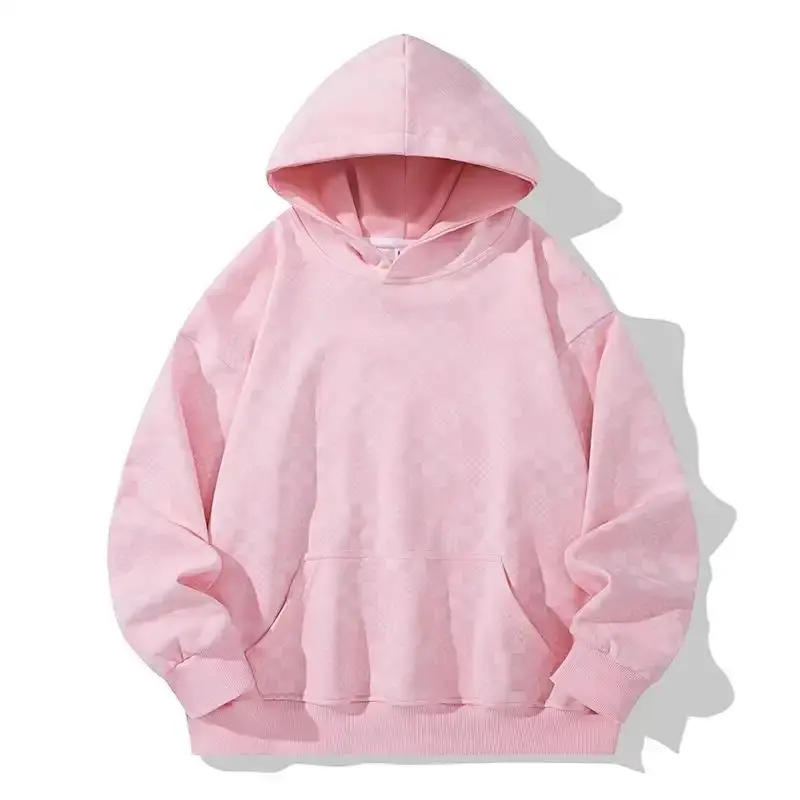 Menswear Tops - Blush Pink Men's Slim Fit Hooded Sweatshirt, Subtle Allover Checkered Pattern, Kangaroo Pocket, Drop-Shoulder, Long Sleeve Pullover, American Street-Style for Young People, Spring & Autumn Wear