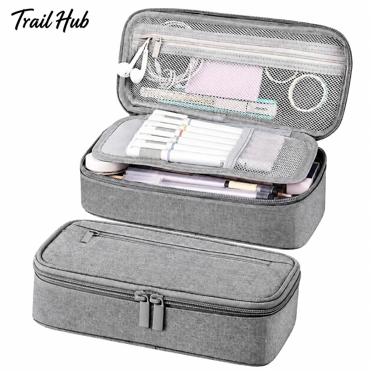 Spacious 2.5-liter pencil case for students featuring heavy-duty polyester fabric, six interior compartments with labeled dividers, dual smooth-gliding zippers, lightweight ergonomic design, and versatile organization for pens, markers, erasers, rulers, a