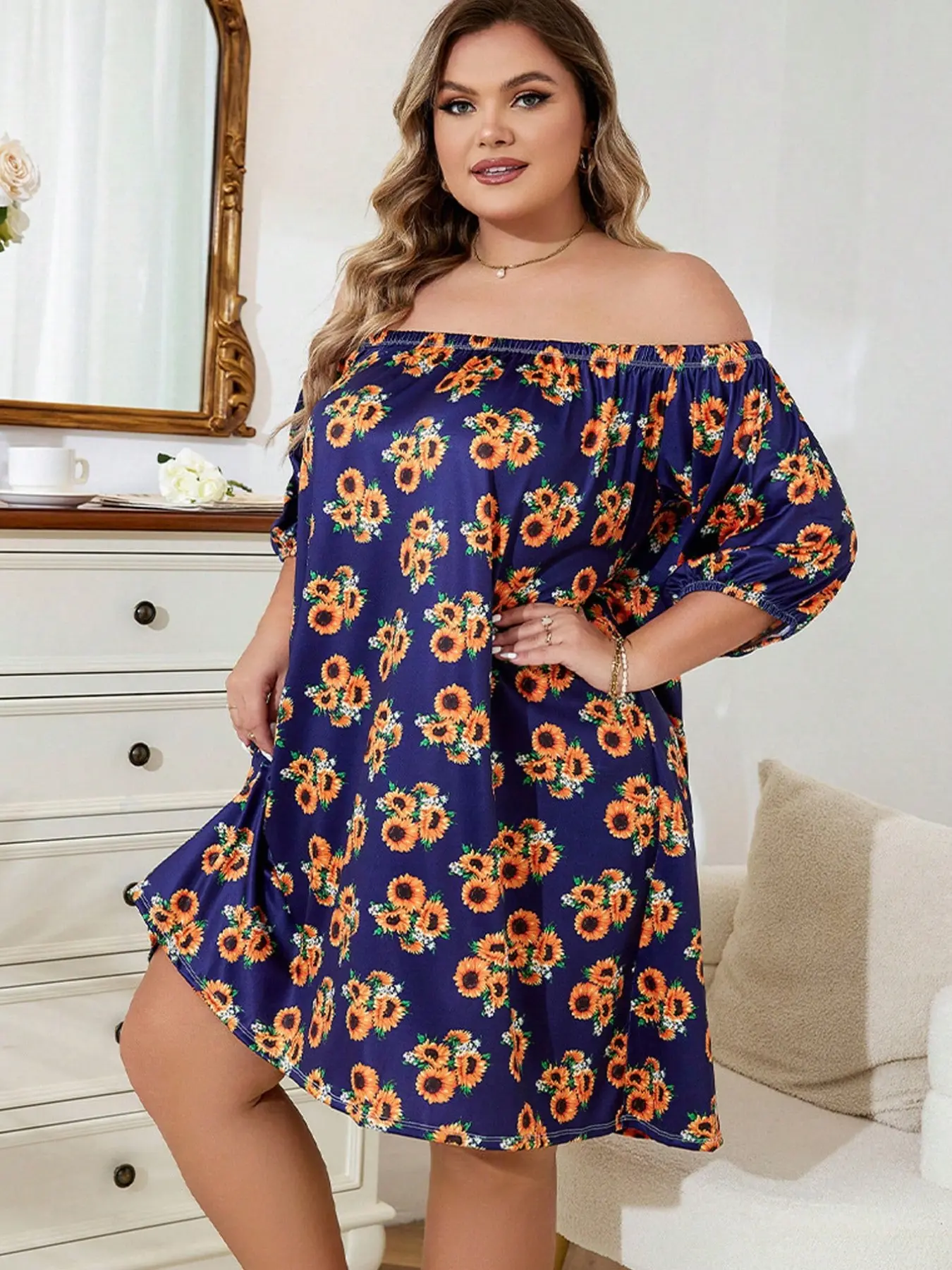 Plus Size Sleep Dress, European Style One-Shoulder Half-Sleeve Sunflower Print Pajamas, Vintage Vacation Dress for Women