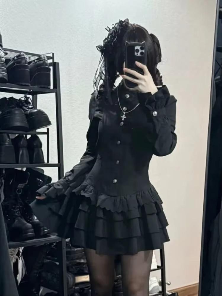 Japanese Lolita Dress Suits Women Long Sleeve Floral Mini Dress Sets Elegant Vintage Fashion High Waist Kawaii Outfits  Chic