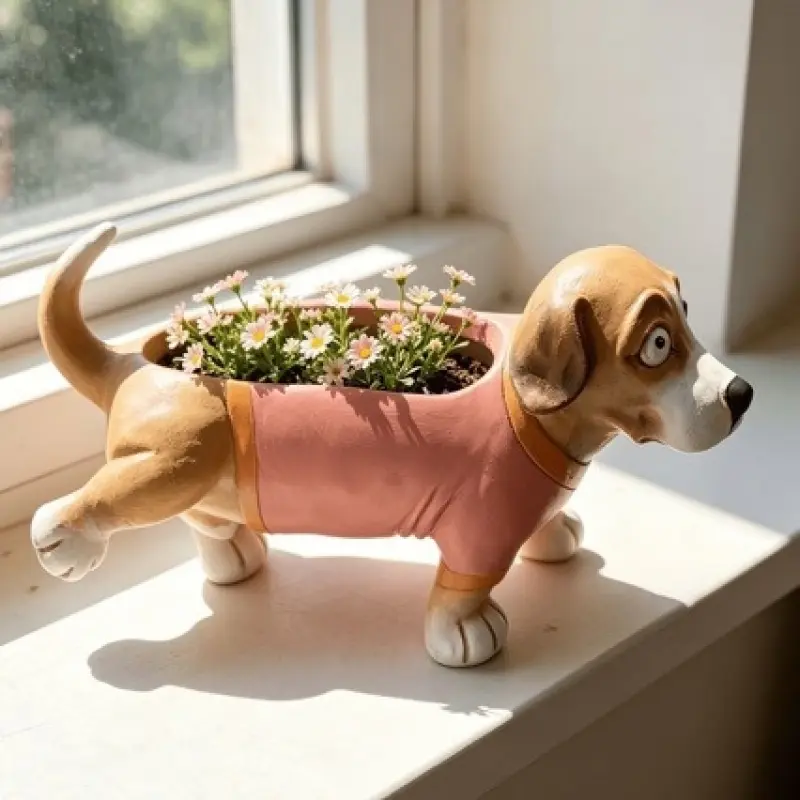 Adorable Pet Dog Shaped Flower Pot Resin Craft Decoration Desktop Bookcase Windowsill Garden Balcony Ornament