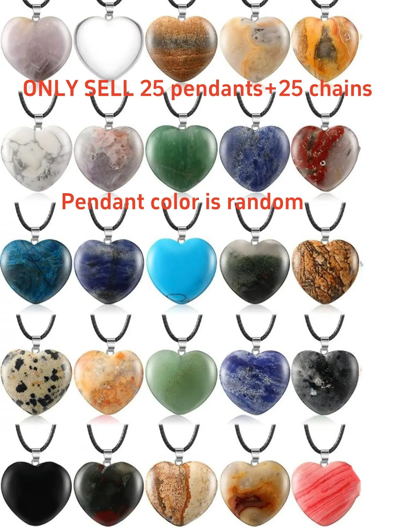 50 Pieces Heart Shape Gemstone Exquisite Trendy Pendant Necklace Beads with Faux Leather Cord for Jewelry Crafting Supplies Ideal Festival Gift 25 pendants+25 chains Heart Shaped Pendant