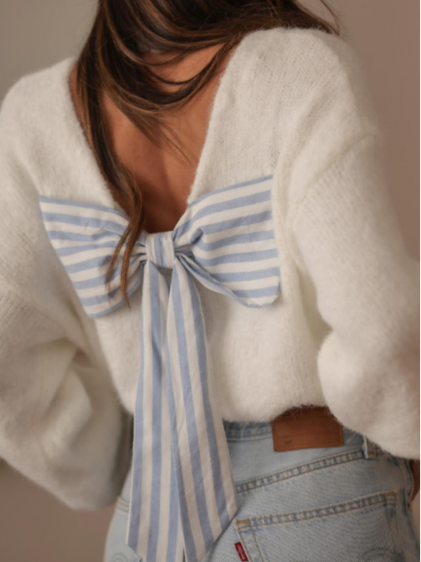 Women's Striped Bow Decor Sweater, Elegant Long Sleeve V Neck Jumper for Fall & Winter, Fashion Women's Knitwear for Daily Wear, Lady