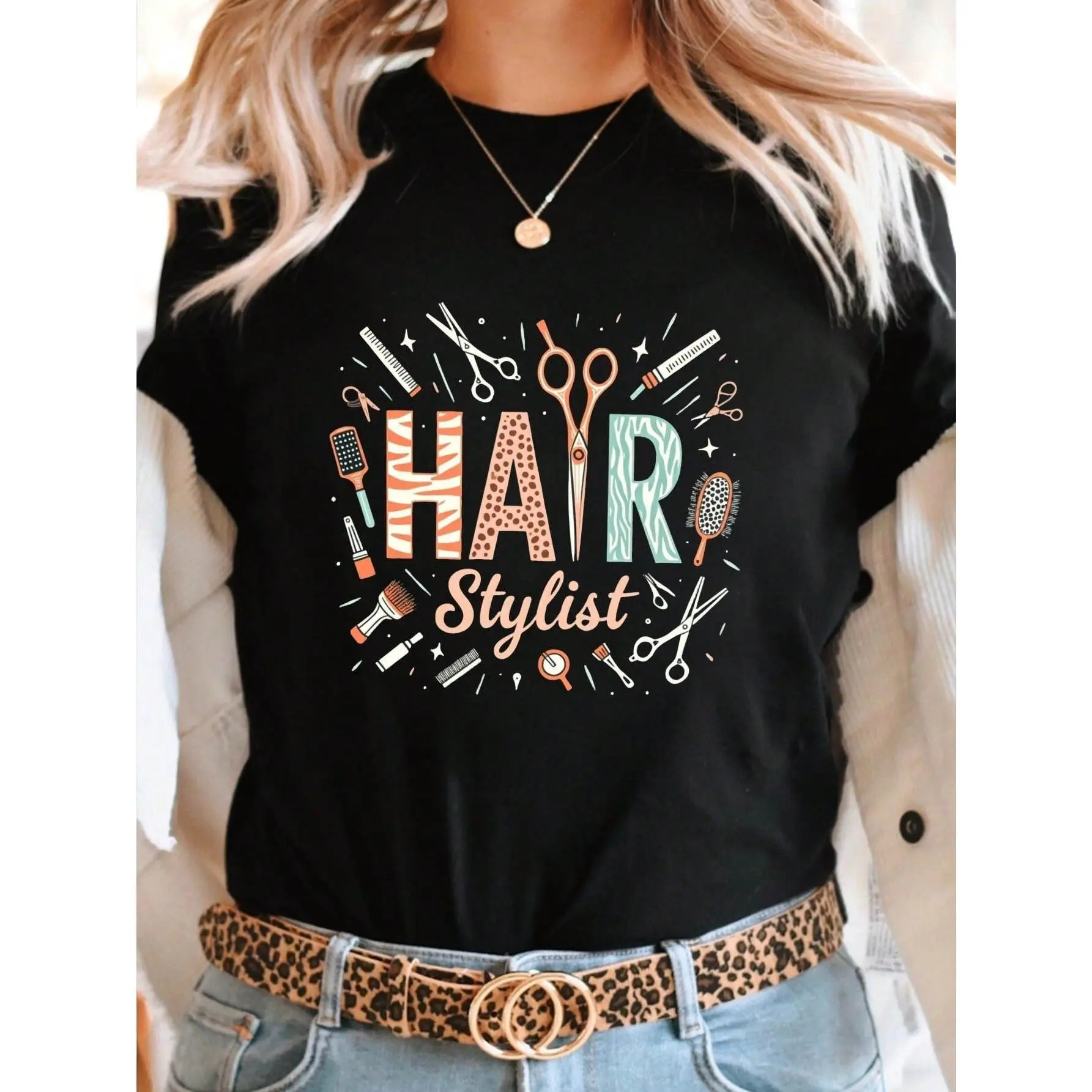 Women's Cotton Loose Round Neck Knitted Short Sleeve Graphic Print Backless T-Shirt - Comfortable, Stylish Fit for Spring-Summer Casual Hair Stylist Tops with Black Scissors, Brushes, Hair Pins
