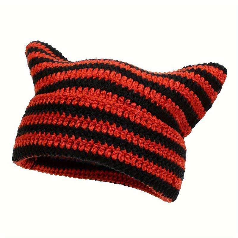 1pc Little Devil Cat Ear Pure Handmade Crochet Knitting Bean Hat Unisex Outdoor Street Casual Fashion Hip-hop Hat Cool Versatile Hood Machine Washable