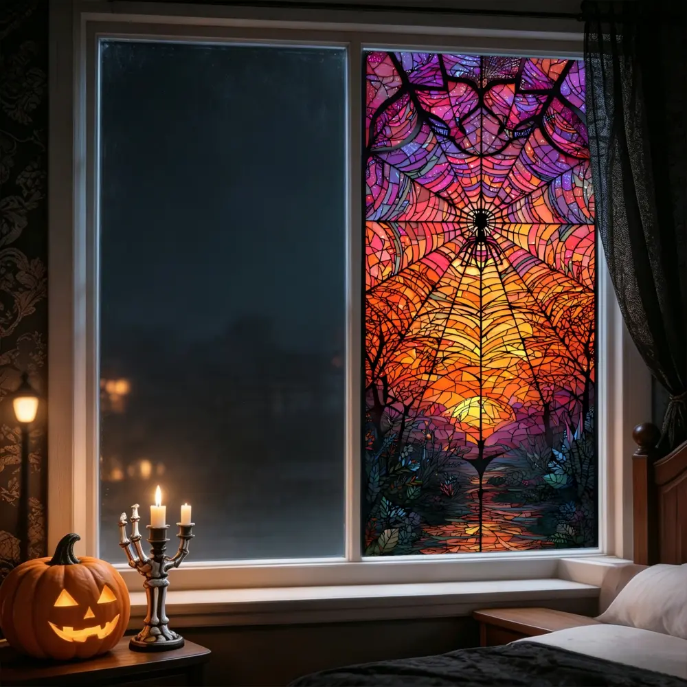 1pc, Gothic Style, Vibrant Spiderweb Sunset Stained Glass Art, Halloween Window Privacy Film, Sunscreen Static Cling Window Sticker, Removable Glass Window Decals, Glowing Spider Web with Orange Purple Sky And Silhouette Trees for Bedroom, Living Room